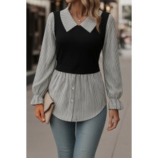 Bemy Çarşı Kadın Uzun Kollu Yakalı Önden Düğmeli Ottoman Bluz