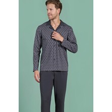 Pijadore Erkek Uzun Kollu Önden Düğmeli Gömlek Yaka Geometrik Desenli Füme Renk Pijama Takımı C7T6N91
