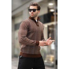 Madmext Kahverengi Fermuar Yaka Uzun Kollu Desenli Örme Kazak E7287