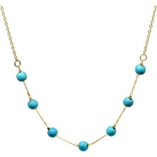 Tesbihane Altın Renk Metal Zincirli Firuze Turkuaz Doğaltaş Kadın Kolye