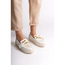 Joy Ayakkabı Lydıa Bağcıksız Ortopedik Rahat Taban Çiçek Desenli Kadın Babet Ayakkabı  Ckt - Beyaz