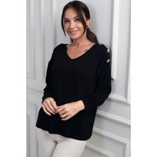 By Saygı Kadın V Yaka Omuzu Düğmeli Likralı Çilek Bluz