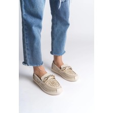 Joy Ayakkabı Lıly Bağcıksız Ortopedik Rahat Taban Çiçek Desenli Kadın Babet Ayakkabı Ckt - Krem