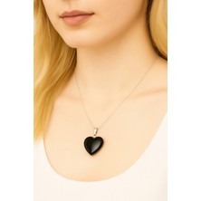 ShellWetr Kadın Kolye Dora Kadın Kolye Siyah Obsidyen Taşı Kalp Detaylı Gümüş Şık Kolye