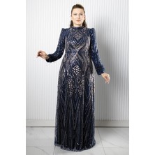 Modaviki Taş Payet Işlemeli Abiye Lacivert AHN270