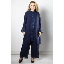 Modaviki Taş Payet İşlemeli Şifon Pantalon Tunik Takım Lacivert FHM966