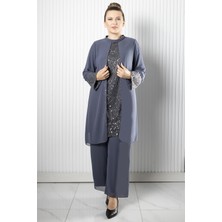 Modaviki Taş Payet İşlemeli Şifon Pantalon Tunik Takım Gri FHM966