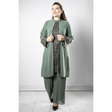 Modaviki Taş Payet Işlemeli Şifon Pantalon Tunik Takım Haki FHM966