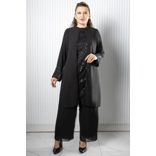 Modaviki Taş Payet İşlemeli Şifon Pantalon Tunik Takım Siyah FHM966