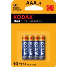 Kodak Max Alkalin AAA 4'lü İnce Pil 1,4 V Şarjlı Uzun Ömürlü Kullanım İçin