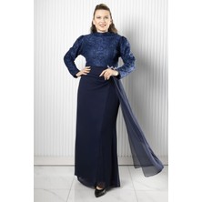 Modaviki Dantel Şifon Abiye Elbise Lacivert FHM958
