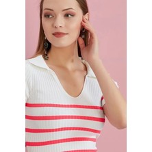 Alışveriş Sokağı Polo Yaka Pembe Çizgili Ekru Yazlık Triko Bluz