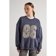 Minaaise Nakışlı 3 Iplik Şardonlu Sweatshirt Füme