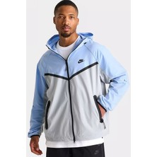 Nike Tech Woven Windrunner Full Zip Loose Fit Jacket Erkek Bol Kesim Dokuma Kapüşonlu Spor Ceket Mavi Gri