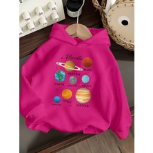 Punix Kids Punıx Kıds Özel Tasarım Gezegenler Baskılı 3 Iplik Kalın Kışlık Kapüşonlu Kız  Çocuk Sweatshırt