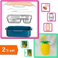 Hereveoyuncak Çelik Beslenme Kabı + Ananas Pipetli Suluk - Şık ve Kullanışlı - 2li Set P4G7F1