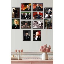 UNT 12 Parça Ahşap Siyah Çerçeve Görünümlü Mustafa Kemal Atatürk Tablo Seti