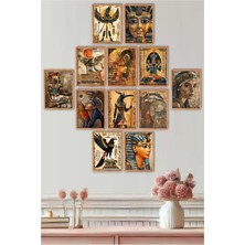 UNT Mısır Temalı Minimalist, Modern Duvar Dekoru 12 Li Set Tablo Ahşap Çerçeve Görünümlü