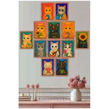 UNT 12 Parça Kedi Tablo Seti Ahşap Çerçeve Görünümlü Kedili Mdf Tablo Seti