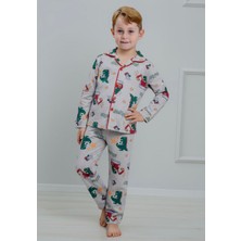 Pijakids - Serenad Pjkö Dinozor Desenli Gri Uzun Kollu Önden Düğmeli Erkek Çocuk Pijama Takımı 4-12 Yaş 509U