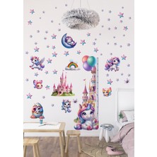 Ettycat Design Unicorn Temalı Gökkuşağı Renkli Boy Ölçerli Duvar Sticker Seti - Mat, Sökülebilir, Çocuk Odası Dekoru