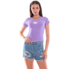 Alışveriş Sokağı Yazı Baskılı Likralı Lila Bluz