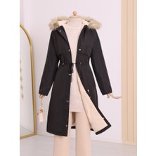 Artsviva Içi Peluşlu Sabit Kapşonlu Tünel Bağcıklı Uzun Mont -Siyah