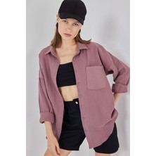 Bigdart Kadın Tek Cepli Oversize Müslin Gömlek 20353 - Koyu Lila