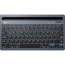 BK100 Kablosuz Bluetooth Şarj Edilebilir, Çoklu Cihaz ile Uyumlu, Telefon/tablet Tutucu Kart Yuvası, Akıllı Uyku Modlu, 40 Saat Çalışma, 78 Tuş, Kompakt Ultra Ince Qwerty Türkçe Q Klavye Gri