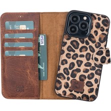 Kitabevimden Apple iPhone 13 Pro Uyumlu Deri Cüzdanlı Kılıf Leopar Desen