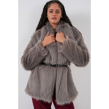 Bigdart Kadın Kemerli Oversize Kürklü Kaban 9156 - Füme