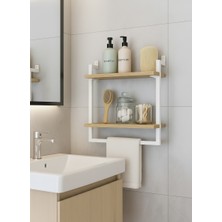40x20 cm Banyo Rafı Duvara Monte Havluluk 2 Katlı Dekoratif Düzenleyici Organizer Beyaz Metal