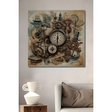 Teona Ahşap Antik Pusula Gemi Dümen ve Pusulalar Desenli Dekoratif Ahşap Tablo Dikdörtgen Tablo