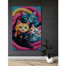 Teona Ahşap Renkli Kedi Ailesi Yağlı Boya Görünümlü Ahşap Dekoratif Tablo Dikdörtgen Tablo
