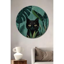 Teona Ahşap Gızemlı Siyah Kedi Tropikal Yapraklar Yağlı Boya Görünümlü Ahşap Dekoratif Tablo Yuvarlak Tablo