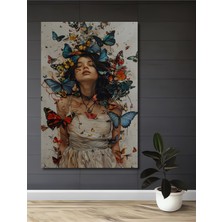 Teona Ahşap Kelebeklerle Bezeli Kadın Yağlı Boya Görünümlü Ahşap Dekoratif Tablo Dikdörtgen Tablo