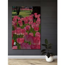 Teona Ahşap Pembe Lale Bahçesi Yağlı Boya Görünümlü Ahşap Dekoratif Tablo Dikdörtgen Tablo