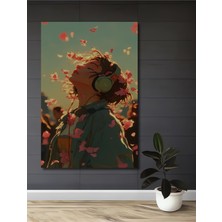 Teona Ahşap Genç Kadın Müzik Dinlerken Sakura Yağlı Boya Görünümlü Ahşap Dekoratif Tablo Dikdörtgen Tablo