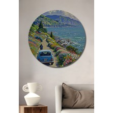 Teona Ahşap Mavi Tosun ve Renkli Sahil Yolu Yağlı Boya Görünümlü Ahşap Dekoratif Tablo Yuvarlak Tablo