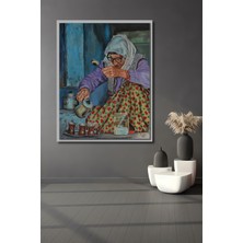 Teona Ahşap Yemeni Desenli Yağlı Boya Görünümlü Vintage Türk Kahvesi Hazırlayan Yaşlı Kadın Ahşap Tablo