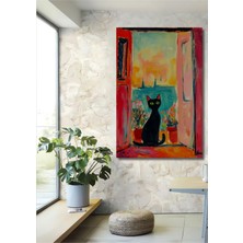 Teona Ahşap Renkli Kedi ve Deniz Manzarası Yağlı Boya Görünümlü Ahşap Dekoratif Tablo Dikdörtgen Tablo