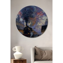 Teona Ahşap Buharlı Tren Vapuru Atmosferi Yağlı Boya Görünümlü Ahşap Dekoratif Tablo Yuvarlak Tablo