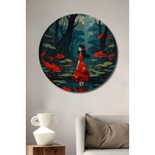 Teona Ahşap Kırmızı Elbiseli Kız ve Koyu Orman Koi Balığı Sanatı Yağlı Boya Görünümlü Ahşap Tablo Yuvarlak Tablo