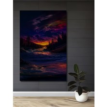 Teona Ahşap Ateşli Gün Batımı Orman Nehri Yağlı Boya Görünümlü Dekoratif Ahşap Tablo Dikdörtgen Tablo