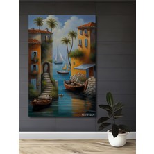 Teona Ahşap Akdeniz Sahil Kasabası Sulu Boya Görünümlü Ahşap Dekoratif Tablo Dikdörtgen Tablo