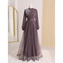 Önü Taş Detaylı Drapeli Kemerli Tül Abiye -Vişne