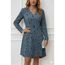 Aisha Elbise Kadın Uzun Kollu V Yakalı Desenli Kısa Keten Elbise