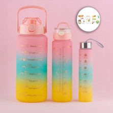 11918 Motivasyon Stickerlı Kokusuz Spor Su Matarası - Renkli Suluk Pembe Ahşap Malzeme ile 3 Lü Set