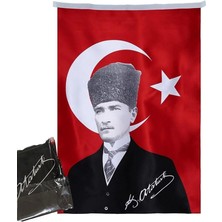 Türk Bayrağı Kalpaklı Atatürk Fotoğraflı Türkiye Bayrağı 70X105 cm