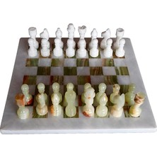 Mermer Satranç Takımı, Yeşil-Beyaz Onyx Satranç Tahtası, Kadife Kutu, 32 Parça El Yapımı Taşlar (39 x 39 Cm. (Büyük Boy))